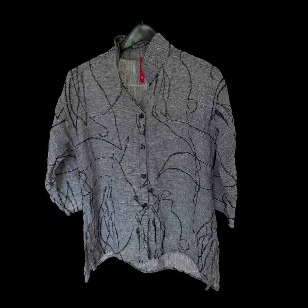 Lagenlook Kozan 100% Linen Embroidered Stripe Button Down Top Black White Medium